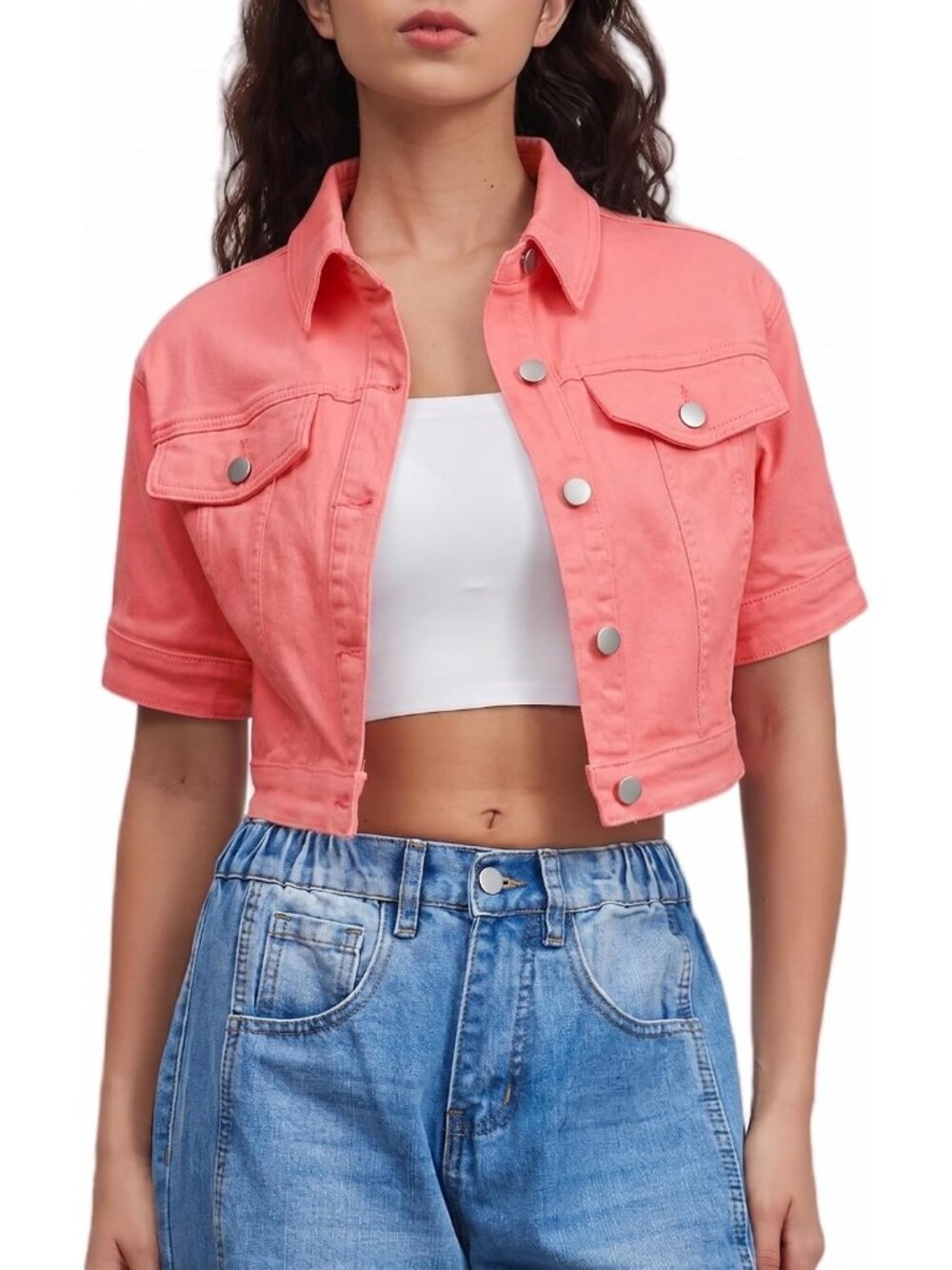 Women's Light Pink Cropped Denim Jacket Short Sleeves Button Down Jean Jackets